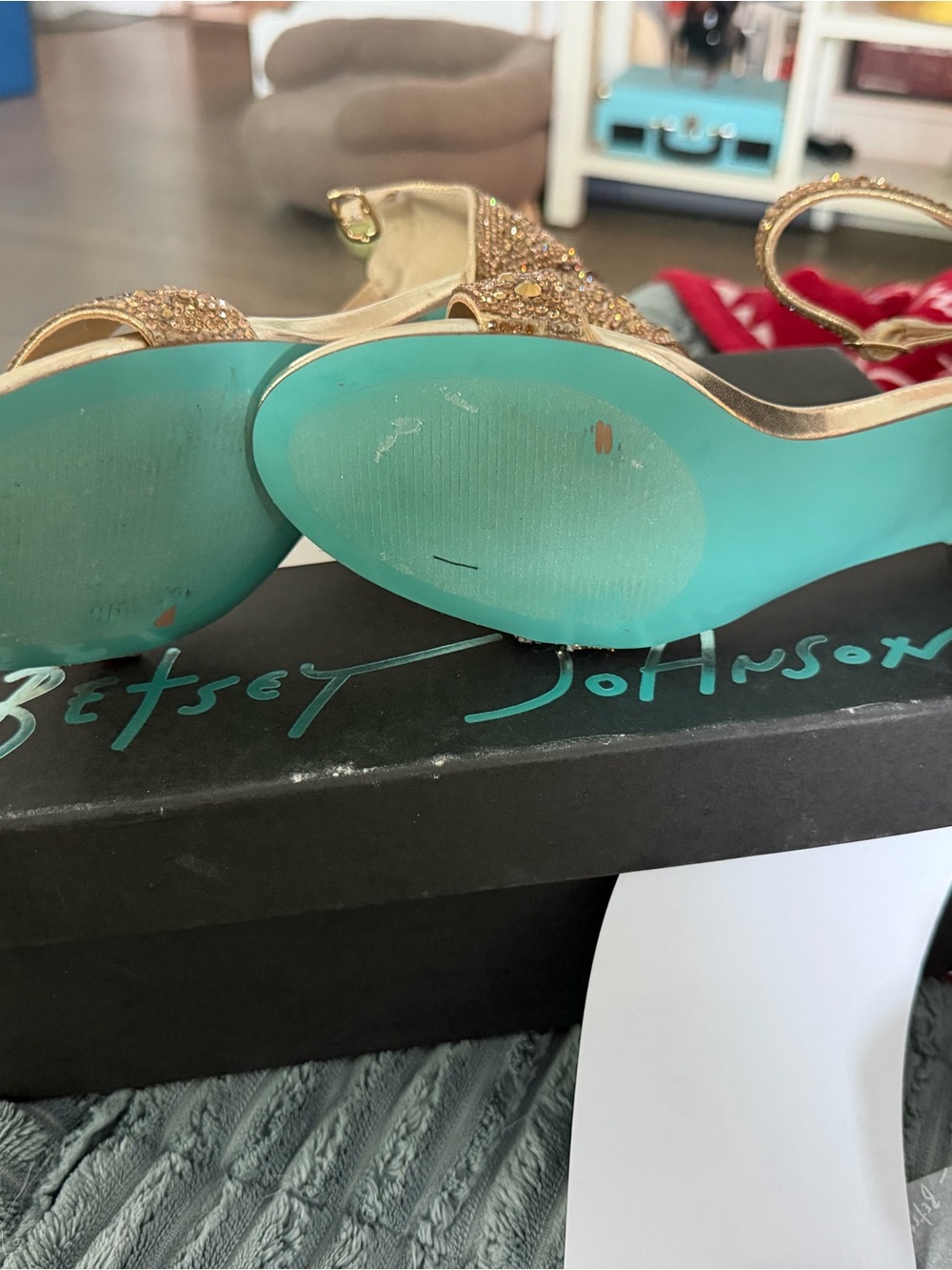 Betsey Johnson Gold Beaded Ankle-Strap Block Heels - Picture 3 of 7